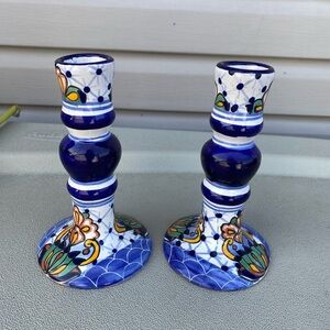 2 Mexican Folk Art Candle Stick Holders Vintage Hand Painted Floral Pottery